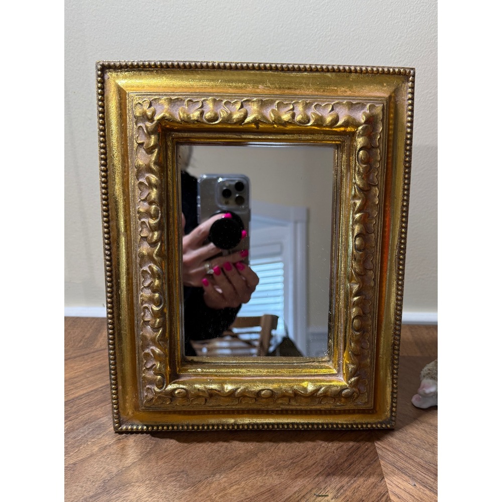 Vintage Gold Ornate Baroque Tabletop Vanity Mirror Easel Back 7.5x9.5 Frame